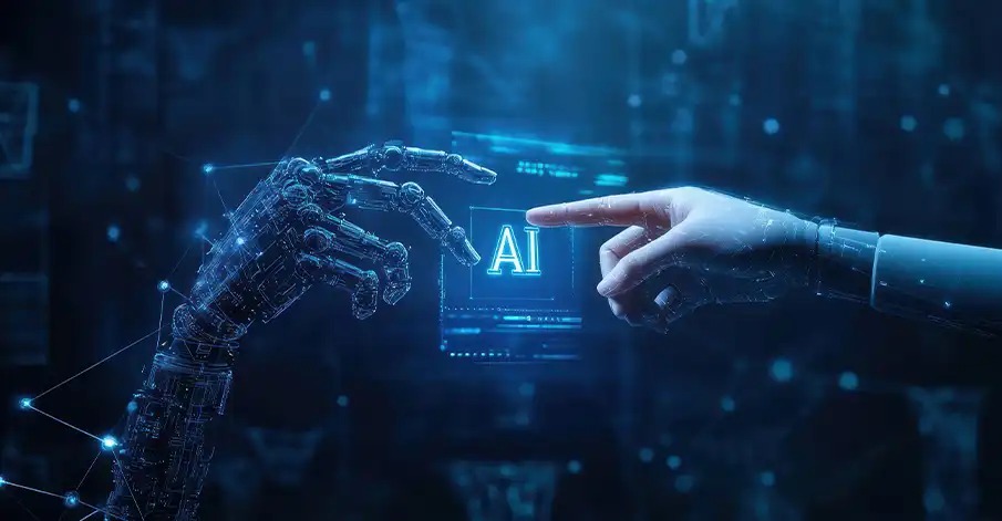 A human hand and a robotic hand reaching toward a verified AI signal