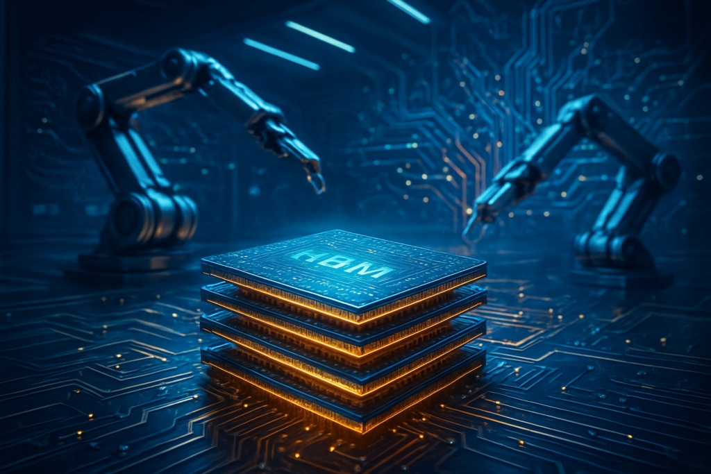 Robotic arms assembling a stacked HBM chip on a production line